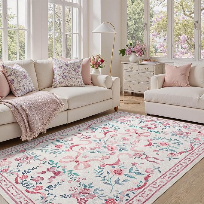 DCX Washable 6x9 Bow Rug, Pink Floral Rug for Girls’ Bedroom, Cute Soft Low Pile Indoor Décor Carpet, Kid & Pet Friendly Nursery Rug for Living Room, Dorm, Playroom