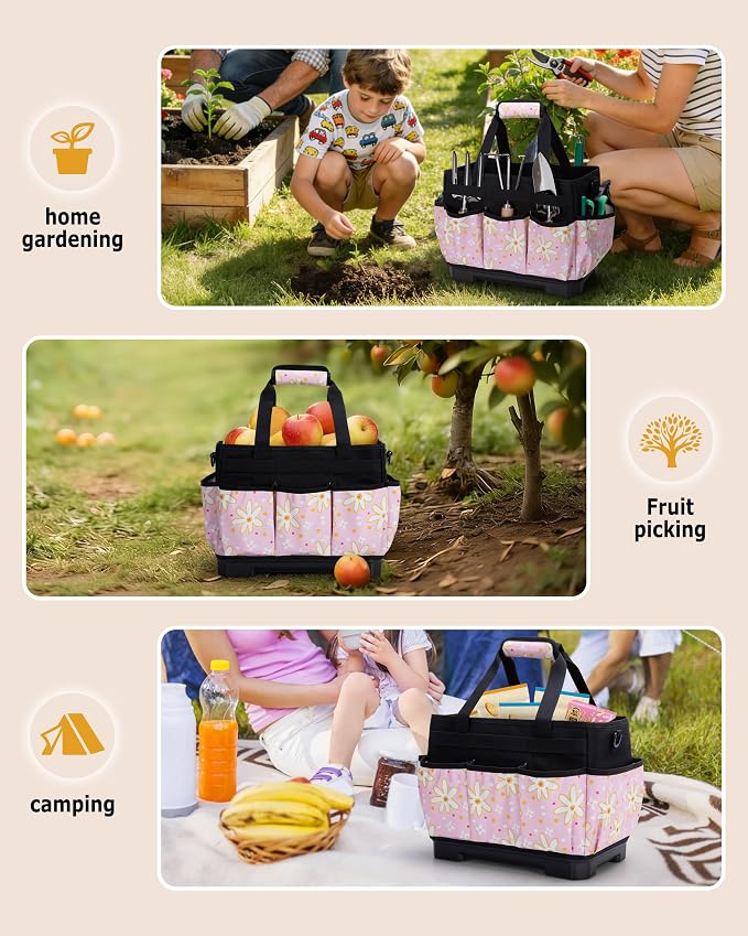 Marscamd Garden Tool Bag with Hard Bottom, Garden Tote with Shoulder Strap and Multiple Pockets (No Accessories Included), Pink Sunflower
