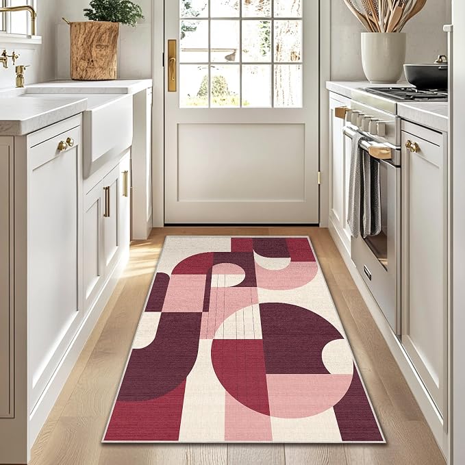3x5 Burgundy and Pink Geometric Area Rug for Bedroom Entryway Hallway Dark Abstract Modern Rug Machine Washable Non-Slip Carpet for Bathroom Kitchen Bedside Living Room