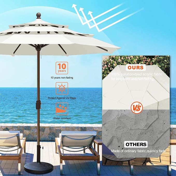 Eurmax USA 10-Year-Non-Fading 10FT 3-Tier Outdoor Patio Market Umbrella,UPF50+ UV Resistant,Heavy Duty Commercial Grade,Crank Lift Design,Windproof Vented Top for Garden,Pool,Deck,Natural