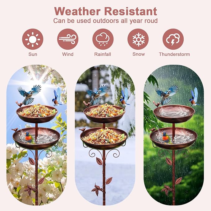 Bird Bath for Outside Bronze 2-in-1 Freestanding Garden Birdbath | Metal bird bath with floral scroll 5-Pronged Base Deep large bowl for birds drinking & bathing Yard patio landscape decor