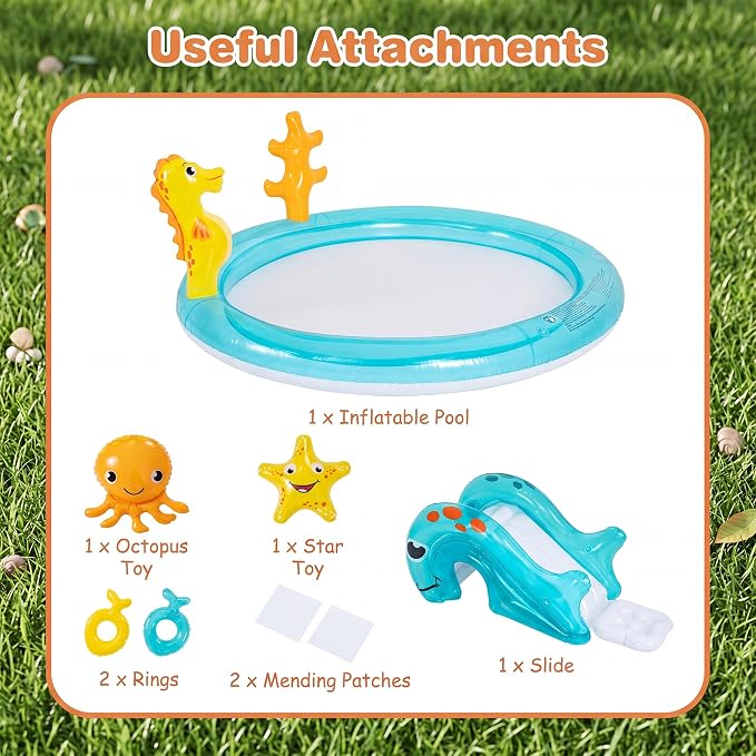 GLACER Kids Pool with Slide, Inflatable Play Center with Seahorse Sprinkler | 70" x 62" x 26.5" Water Splash Pad with Ring-toss Game, Heightened Guardrails, PVC toddler pool for Outdoor Backyard, Garden