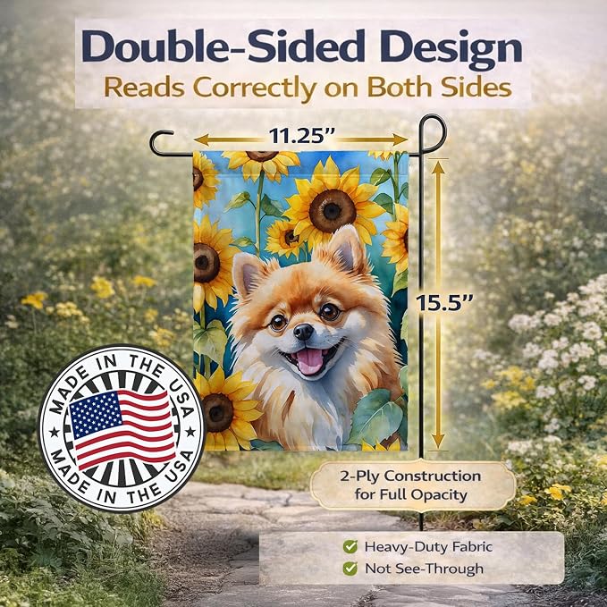 Caroline's Treasures DAC6136GF Pomeranian in Sunflowers Garden Flag Mailbox Flag Decorative Yard Flag Banner Outside Patio Artwork Yard Flower Beds, Garden Size, Multicolor