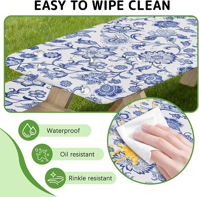 Picnic Table Cover with Bench Covers Elastic Edges, 3 Pcs Flower View Fitted Table Cover with Drawstring Bag, Waterproof Windproof Aesthetic Camping Tablecloth, Outdoor Camping Essentials 72 Inch