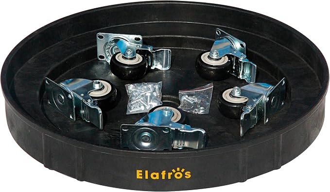 ELAFROS 30 Gallon and 55 Gallon Heavy Duty Plastic Drum Dolly – Durable Plastic Drum Cart 900 lb. Capacity- Barrel Dolly with 5 Swivel Casters Wheel, Black, with Brake