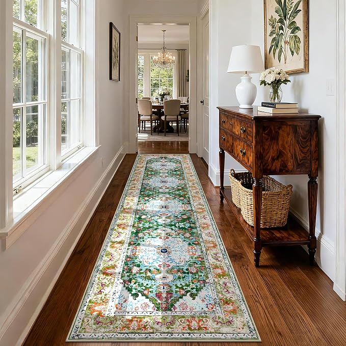 U'Artlines 3'x12' Boho Hallway Runner Rug Non Slip Washable Runners,Green | Vintage Farmhouse Kitchen Rug Accent Area Carpet for Entryway, Dining Room and Living Room