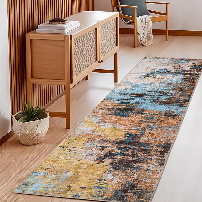 GarveeHome Machine Washable Runner Abstract Hallway Rugs 2x6 Yellow | Non-Slip Backing, Stain-Resistant Low Pile Floor Cover, Colorful Indoor Mat, Bedroom, Kitchen, Laundry
