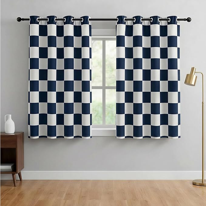 100% Blackout Checkered Curtains – 2 Panels, Each W52×L84, Thermal Insulated, Nosie Reducing for Bedroom (Navy and White Checkered, W52×L63)
