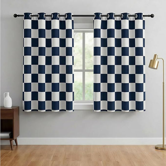100% Blackout Checkered Curtains – 2 Panels, Each W52×L84, Thermal Insulated, Nosie Reducing for Bedroom (Navy and White Checkered, W52×L63)