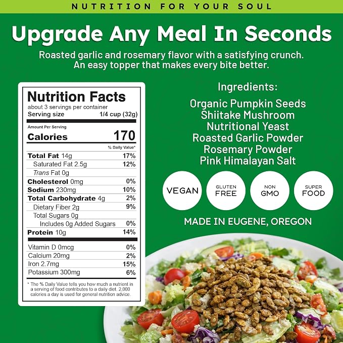 Soul Seeds Roasted Garlic Rosemary Pumpkin Seeds – Organic Pepitas with Shiitake Mushroom, Nutritional Yeast & Himalayan Salt, Savory Herb Vegan Snack, Crunchy Seed Topping, 3.2 oz