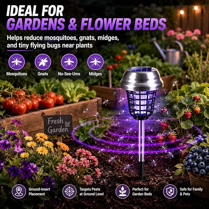 2026 Mosquito Repellent Outdoor Patio Solar Bug Zapper Outdoor Mosquito Zapper for Moths,Gnats,Flies,Small Flying Insect,Gnat Killer for Vegetable Beds,Electric Fly Zapper for Backyard,Garden 4Pack