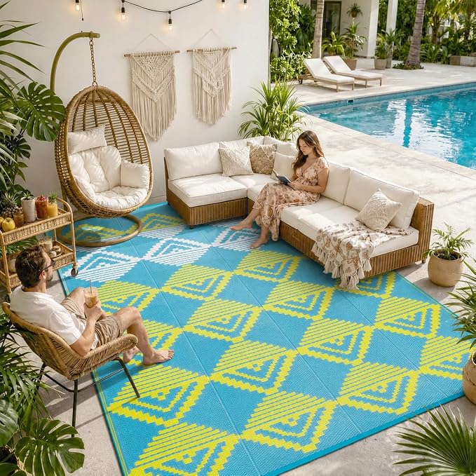 Lahome Waterproof Outdoor Patio Rug 9x12, Reversible Large Outdoor Area Rug for Patios, Camping Rugs for Beach RV Backyard Deck Picnic Trailer (Blue/Yellow, 9' x 12')