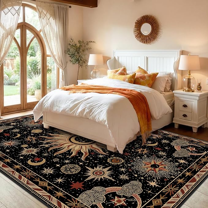 Vacuum-Friendly, 9x12 Washable Area Rug, Black Gold Beige Red | Sun and Moon Boho Gothic Non-Slip Low Pile Living Roon Bedroom Dining Room Kitchen Entry Entryway Entrance Hallway Doormat