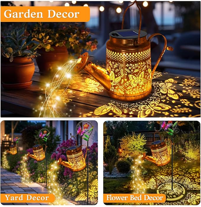 Big Solar Butterfly Watering Can Lights, Gift For Mom Grandma Women Wife Daughter Mother's Day, Waterproof Hanging Lantern Lights With Shepherd Hook, Outdoor Decor For Garden Patio Yard Porch Backyard
