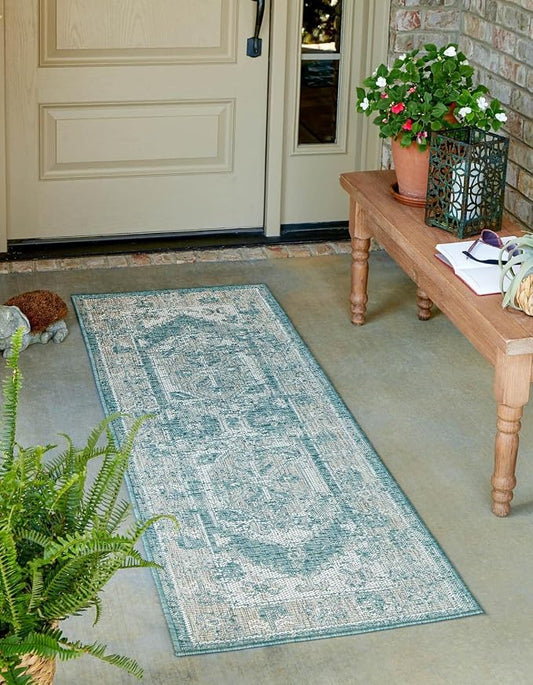 Unique Loom Outdoor Traditional Collection Area Rug - Valeria (2' 7" x 12' Runner, Aqua/ Ivory)