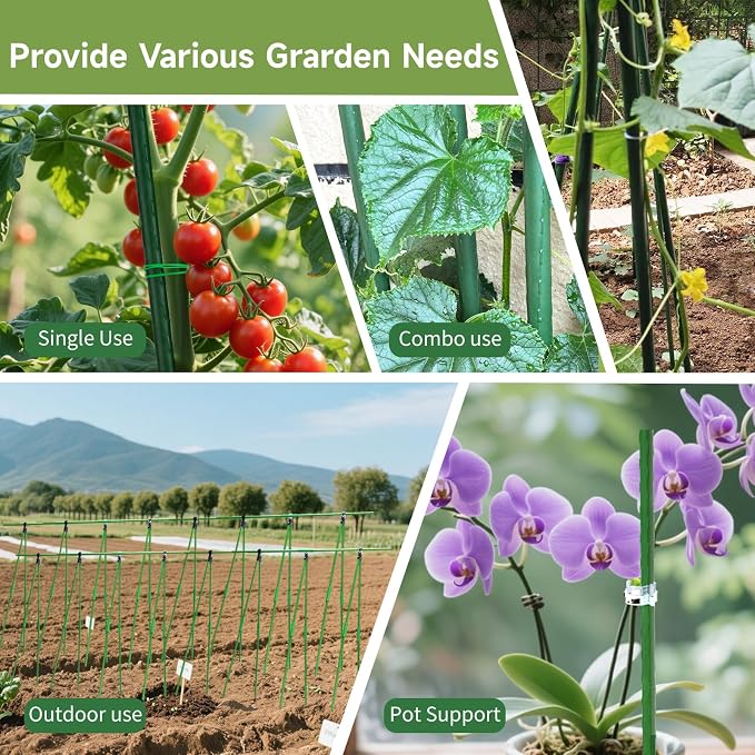 70pcs Garden Stakes Set, 16 Inches Plastic Coated Metal Plant Sticks Stakes Supports, DIY 4ft 5ft 6ft 7ft 8ft Tomato Stakes for Growing Climbing Tomato Vegetables Flowers Pepper, Versatile Ues