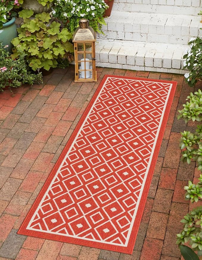 Unique Loom Outdoor Trellis Collection Area Rug - Kafes (2' x 6' 1" Runner, Rust Red/ Ivory)