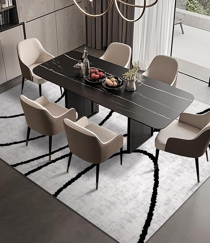 Modern Area Rugs for Bedroom,5x7 Washable Black and White Rug, Thin Abstract Geometric Minimalist Striped Rug, Black Rugs for Bedroom,Kitchen,Dining Room Office