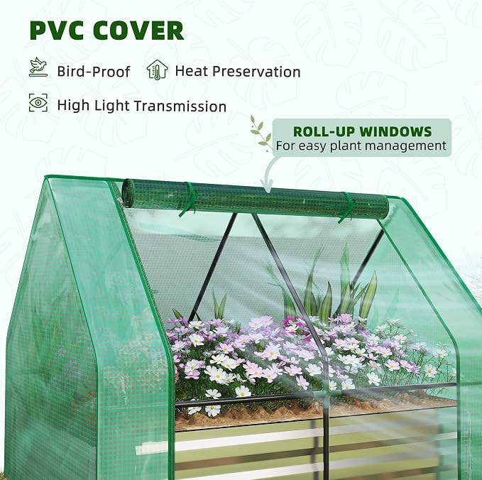Outsunny 4 x 3 x 3ft Raised Garden Bed with Mini Greenhouse, Galvanized Raised Garden Bed with Cover for Herbs and Vegetables, Small Greenhouse for Patio Garden Balcony, Green