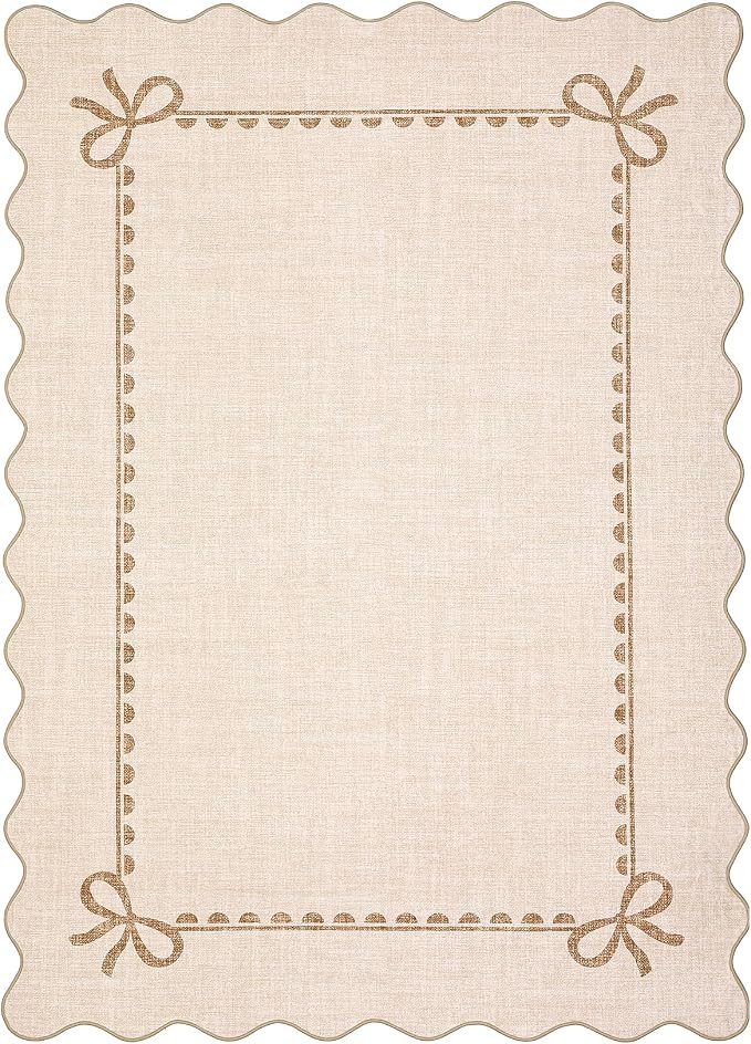 GarveeHome Scalloped Bow Rug 3x5 Washable Beige Rug for Bedroom Living Room | Non Slip Soft Low Pile Indoor Carpet for Nursery Girls Bedroom Decor Hallway Kids Room College Dorm Playroom