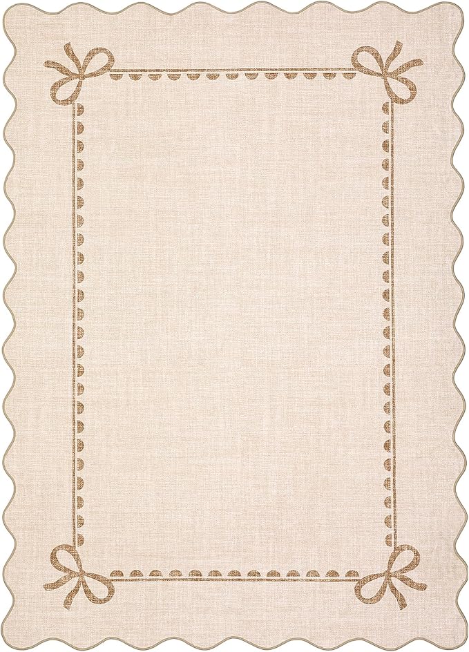 GarveeHome Scalloped Bow Rug 4x6 Washable Beige Rug for Bedroom Living Room | Non Slip Soft Low Pile Indoor Carpet for Nursery Girls Bedroom Decor Hallway Kids Room College Dorm Playroom