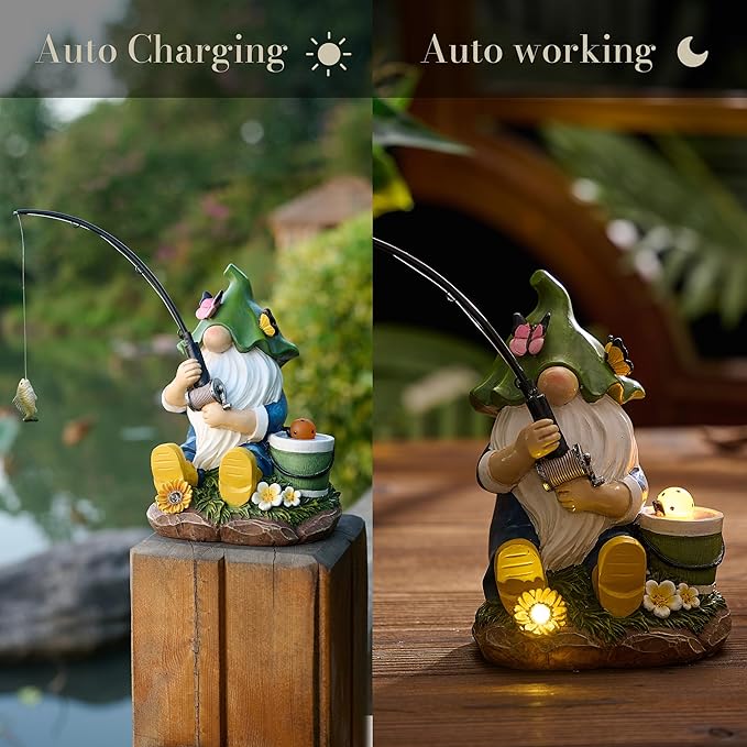 TERESA'S COLLECTIONS Resin Outdoor Statues with Solar Outdoor Lights for Garden Decor, Funny Garden Gnome Fishing Decorations for Outside Yard Porch Patio Lawn, Ideal Gift for Women and Man 7.2"