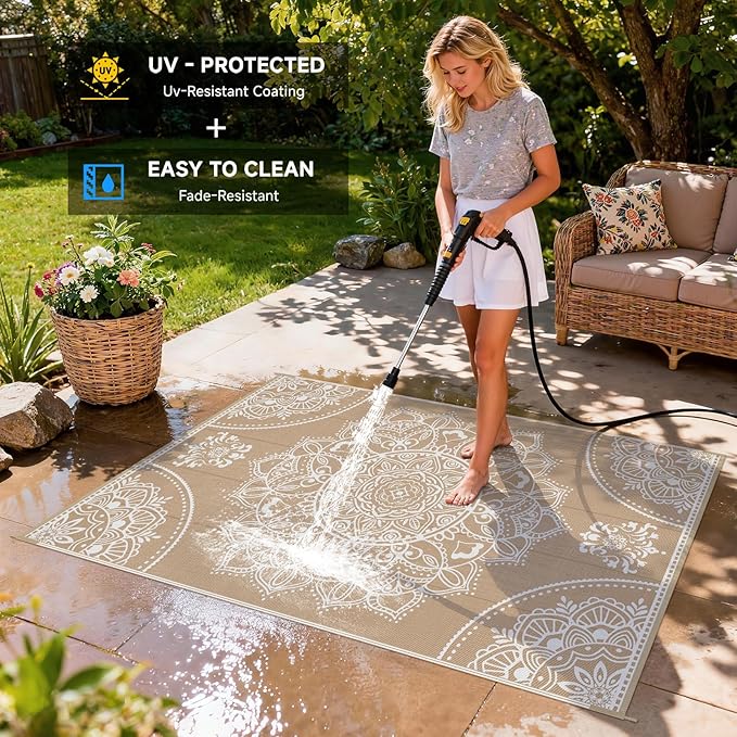 Pauwer Waterproof Outdoor Rug 5x8, Reversible Plastic Straw Patio Camping Rug, Indoor Outdoor RV Mat Carpet for Deck, Camper, Porch, Balcony, Backyard, Picnic, Floral Brown