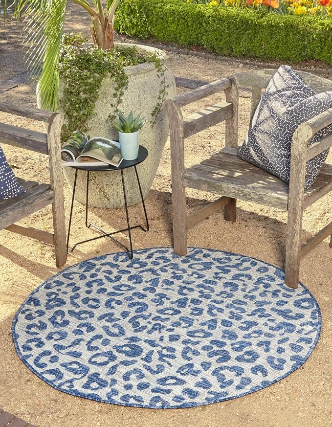 Unique Loom Outdoor Safari Collection Area Rug - Leopard (12' Round Blue/Gray)