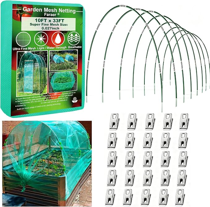 Garden Netting Kit for Raised Beds,10x33ft Ultra Fine Insect Netting Garden Bed Covers & 6 Sets of 8ft Fiberglass Garden Hoops (8 Sets Garden Hoops with Green10x33ft Garden Netting)