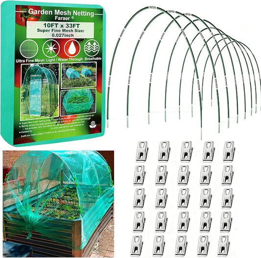 Garden Netting Kit for Raised Beds,10x33ft Ultra Fine Insect Netting Garden Bed Covers & 6 Sets of 8ft Fiberglass Garden Hoops (8 Sets Garden Hoops with Green10x33ft Garden Netting)