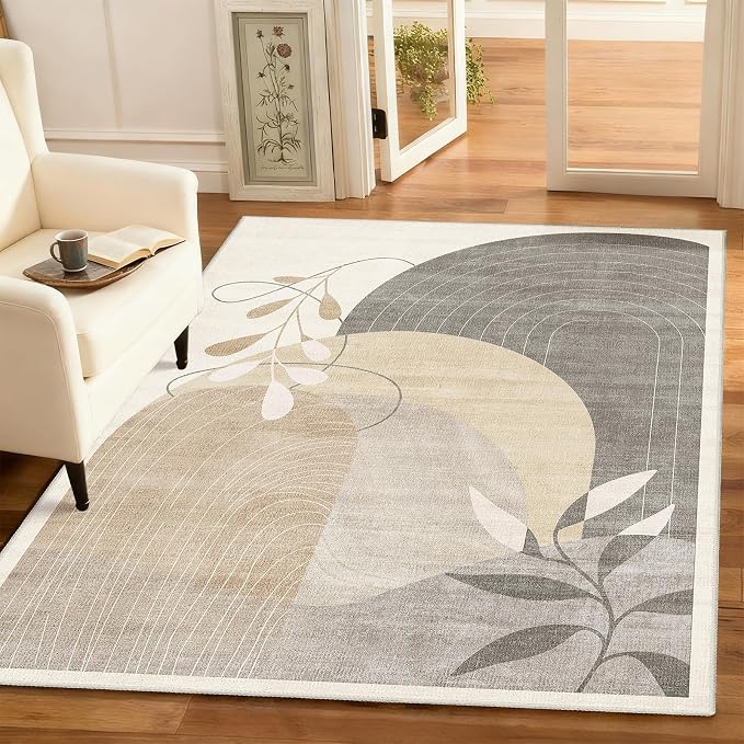 3x5 Rug Washable Area Rugs Low Pile Non Slip Mid Century Modern | Small Throw Carpet for Bedroom Entryway Living Room Office Bedside Indoor Boho Abstract Retro Geometric Neutral Beige