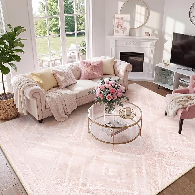 8'x10'Washable Area Rug for Living Room Bedroom Lightpink | Soft Western No Slip Low Pile Print Foldable Indoor for Kitchen Dining Room