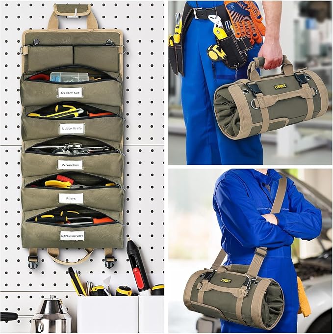 Tool Bag,Large Roll Up Tool Bag Organizer,13 Pockets Tool Roll Storage Pouch,Heavy Duty Portable Tool Storage Carrier Bag for Men,Mechanic,Electrician,Valentines Day Gifts for Men,Olive Green