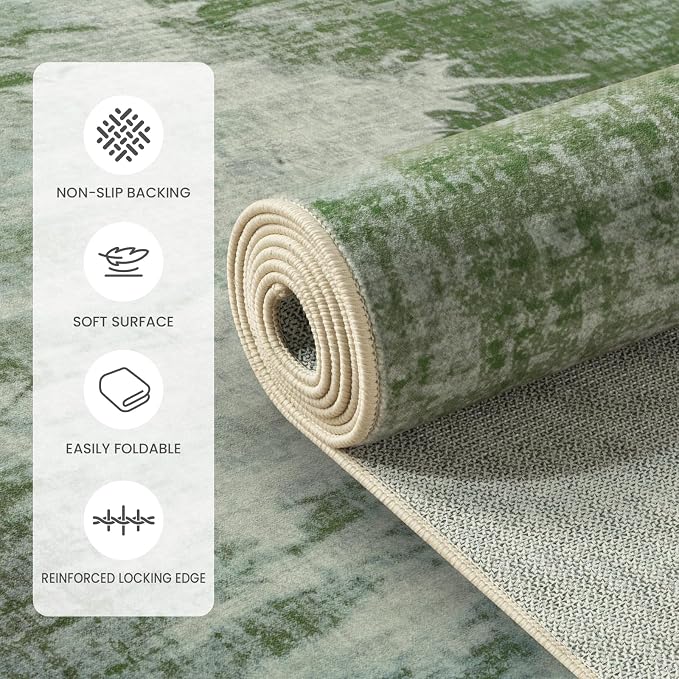 4x6 Abstract Distressed Faux Cashmere Rug for Living Room Low Pile | Machine Washable Throw Rugs, Non-Slip Stain Resistant Forest Floor Carpet for Bedroom, Dorm, Farmhouse Home Decor, Green