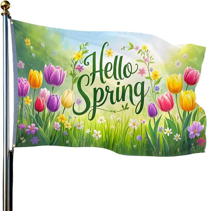 Spring Decorations Hello Spring Flag 3x5 Ft Outdoor Double Sided Printed Polyester All Things Revive Sign for Fence Garden Lawn Yard Home Decorations with 2 Grommets