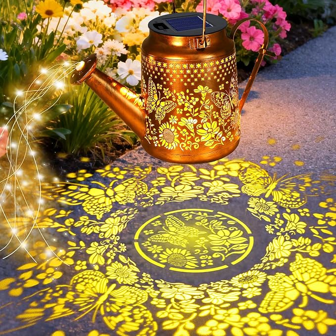 VOOKRY Solar Lights Outdoor Waterproof, Butterfly Retro Metal Solar Watering Can Lights, Gifts for Women Mom Grandma Birthday, Hanging Lantern Decorative Garden Decor for Outside Yard Lawn Patio