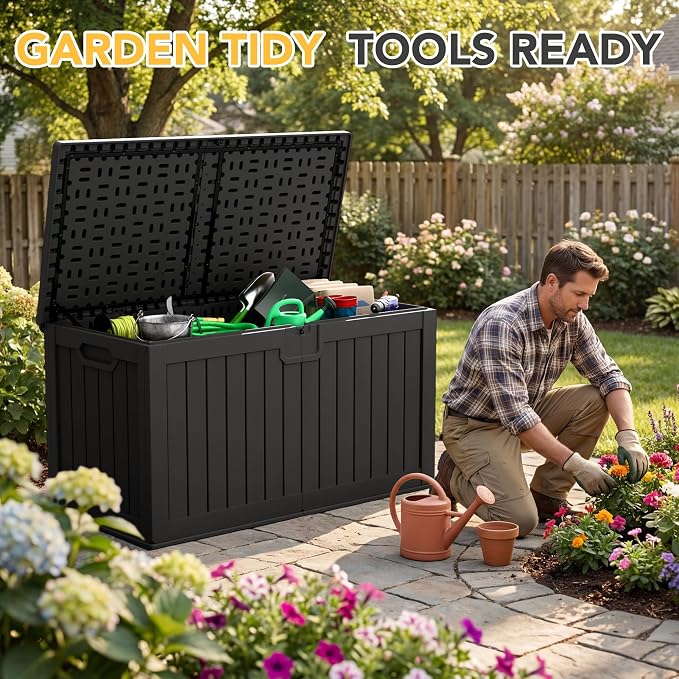 240 Gallon HDPE Deck Box Outdoor Indoor Waterproof Storage Box for Patio Furniture, Pool Accessories, Garden Tools, and Cushion Storage, Black