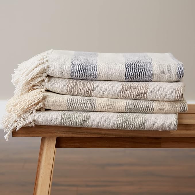 DII Rustic Farmhouse Cotton Cabana Striped Blanket Throw with Fringe, 50 x 60 - Cabana Striped Gray & Off-White