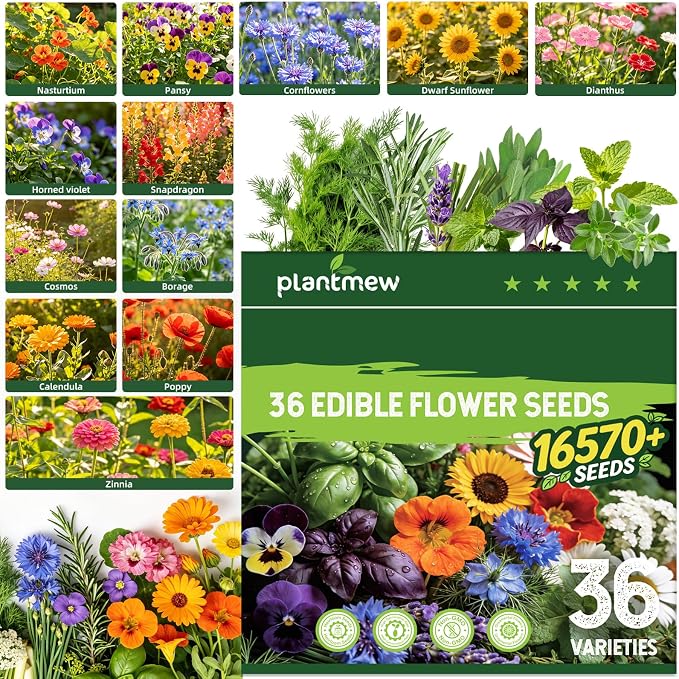 36 Edible Flower Seeds Variety Pack, 16,570+ Premium Garden Seed Vault Kit, Pollinator Friendly, Indoor & Outdoor Year Round Planting – Nasturtium, Lavender, Borage, Calendula, Chamomile & More
