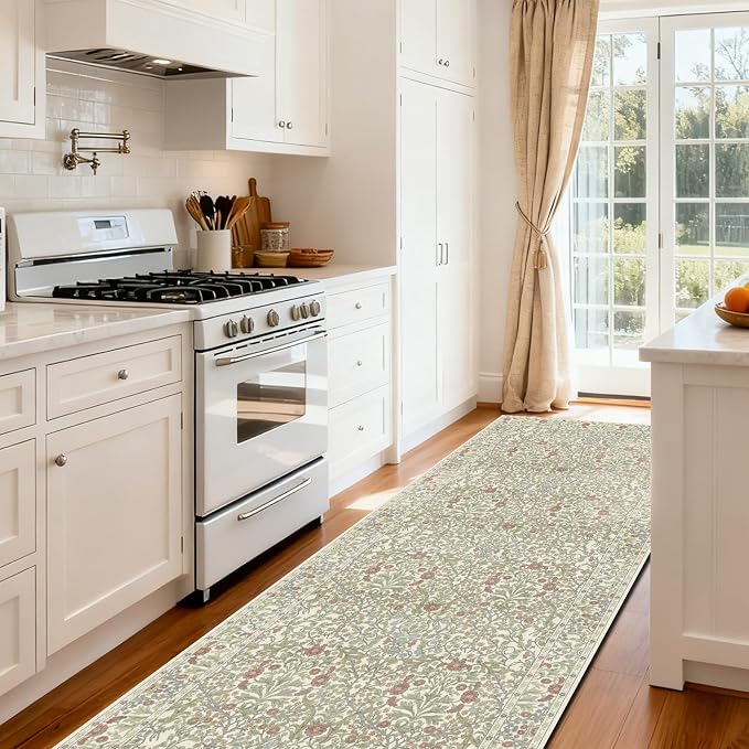 Washable 2'6" x 10' Runners for Hallways, Non Slip Long Floor Runner for Kitchen, Entryway Indoor, Stain Resistant Rubber Backing Floral Decor Rug (Light Green)