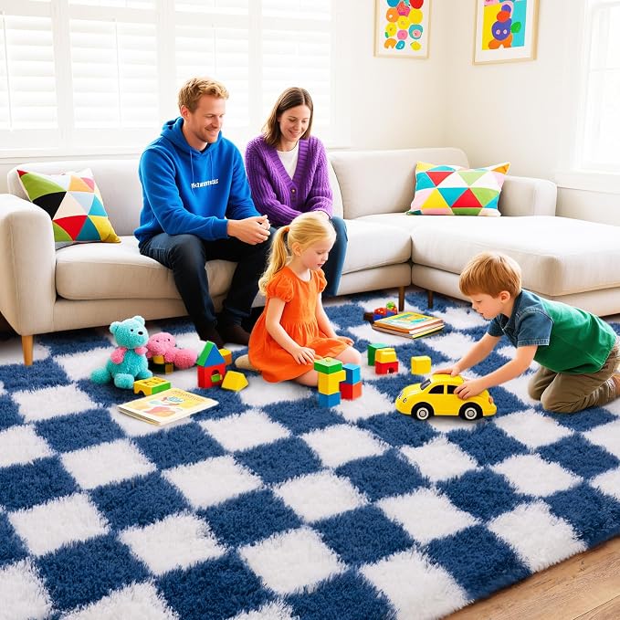 Checkered Rugs for Bedroom, 4x6 Navy and White Ultra Fluffy Fuzzy Shag Area Rug for Living Room, Modern Plush Soft Upgrade Non-Slip Carpet for Kids Girls and Boys Room Dorm Nursery Home Decor