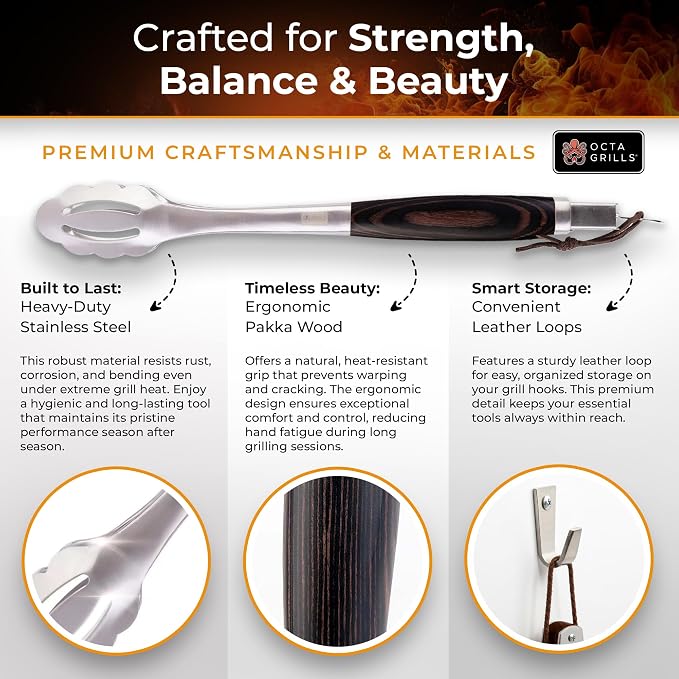 3-Piece BBQ Utensil Set – Premium Stainless Steel Grill Tools with Extra Wide Spatula - Black Pakka Wood Handles & Leather Hanging Loops (Spatula, Tongs & Fork)