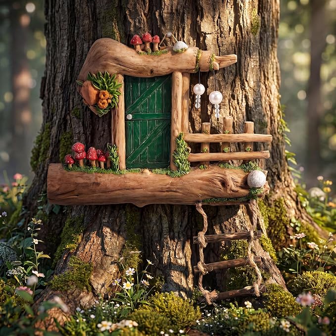 Sliner Fairy Door for Trees Outdoor Resin Fairy Garden Door Accessories with Pearl & Crystal Hanging Accents Miniature Gnome House for Garden Wall Outdoor Decorations Tree Trunk(Dark Green)