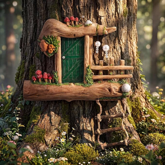 Sliner Fairy Door for Trees Outdoor Resin Fairy Garden Door Accessories with Pearl & Crystal Hanging Accents Miniature Gnome House for Garden Wall Outdoor Decorations Tree Trunk(Dark Green)