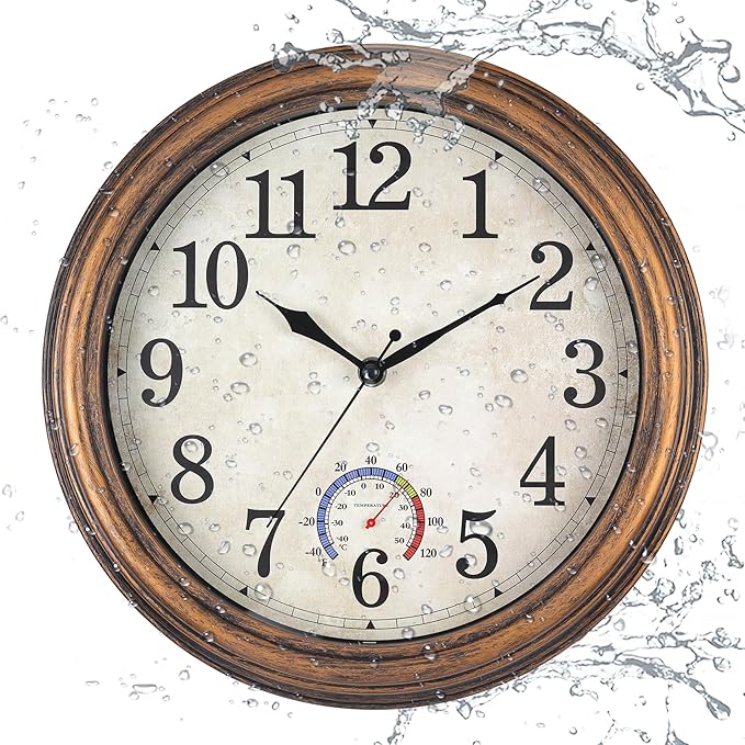 12 inch Outdoor Wall Clock, Plastic Waterproof Wall Clock with Temperature, Water Resistant Outdoor Clocks for Patio Garden