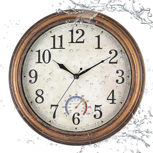 12 inch Outdoor Wall Clock, Plastic Waterproof Wall Clock with Temperature, Water Resistant Outdoor Clocks for Patio Garden