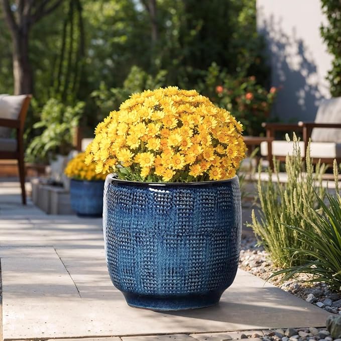 LuxenHome 12" Dia Large Ceramic Pots for Plants, Blue Glazed Planters for Outdoor Plants, Round Indoor Flower Pots with Drainage Hole and Rubber Plug for Home Garden Patio