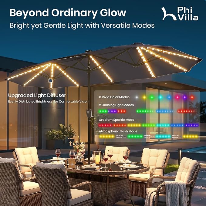 PHI VILLA 13ft Patio Umbrella with Solar-Powered 120 PCS LED Color-Changing Lights, Triple-Head Large Rectangle Umbrella Outdoor Patio for Table with Crank Lift,Navy Blue(No Base)
