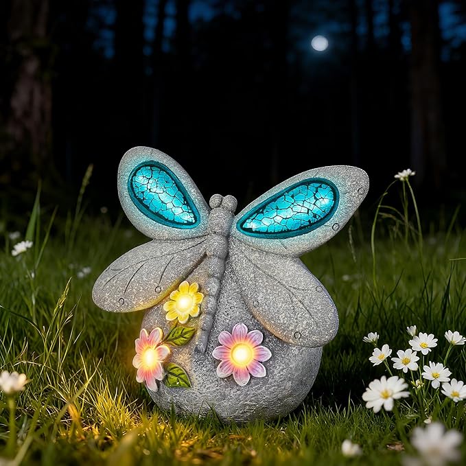 Dragonfly Garden Decor with Solar Cracked Glass Wings & Flower Lights | Solar Outdoor Statue for Patio, Lawn, Yard Ornament Eco-Friendly Housewarming, Birthday Gift for Women