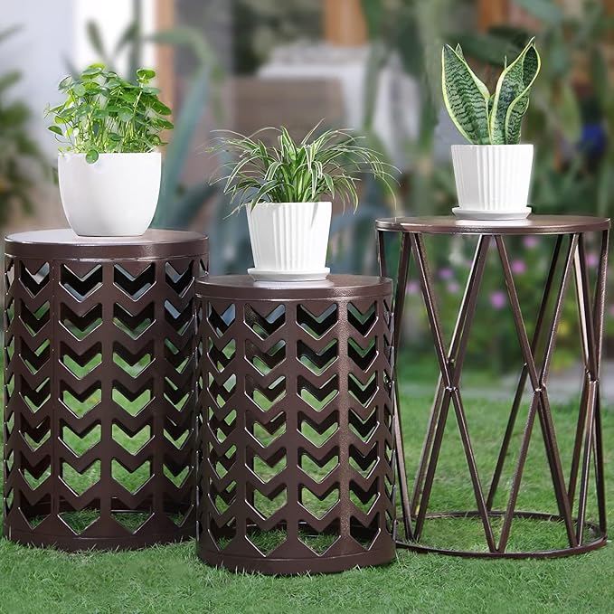 Y&M Outdoor Side Tables Set of 3, Round Heavy Duty Metal Nesting End Tables, Stacking Patio Accent Tables for Outside, Balcony, Garden, Porch, Indoor & Outdoor, Brown